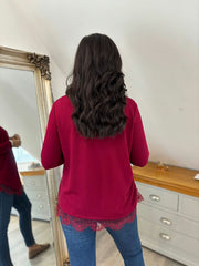 Wine Ruched Lace Trim Top Janet