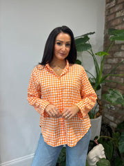 Orange Button Sleeve Gingham Blouse Opal