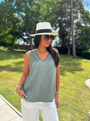 Khaki Floral Mesh Bubble Cotton Top Robin