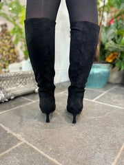 Black Faux Suede Pointed Knee High Boots