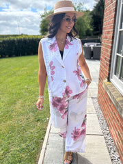 White Flower Print Trouser Set Claudette