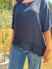 Black Asymmetric Lace Trim Top Maria