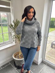 Grey Roll Neck Checkered Knit Rachel