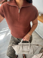 Tan Collared Short Sleeve Knit Annie