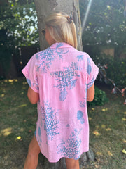 Pink Blue Coral Print Blouse Stacey