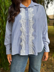 Navy Lace Detail Striped Shirt Rosie