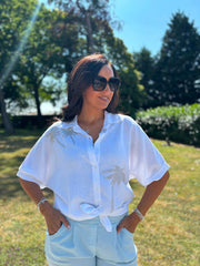 White Linen Studded Palm Shirt Ruby