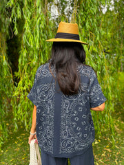 Navy Bubble Cotton Paisley Short Sleeve Shirt Jackie