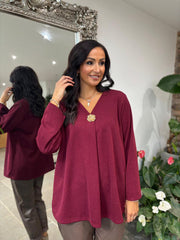 Wine V Neck Brooch Top Harper