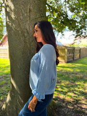 Light Blue Applique Ruffle Sleeve Knit Crystal