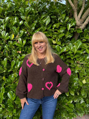 Chocolate & Pink Heart Knit Cardigan Denise