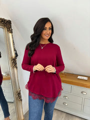 Wine Ruched Lace Trim Top Janet
