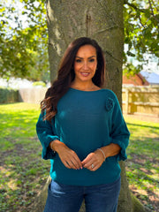 Teal Applique Ruffle Sleeve Knit Crystal