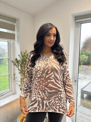 Chocolate Multi Animal V Neck Top Amy