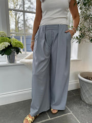 Grey Tailored Wide Leg Pleat Trousers