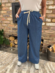 Dark Denim Striped Wide Leg Pull on Trousers