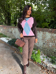 Chocolate Short Sleeve Argyle Knit Rylie