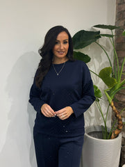 Navy Diamante Sweat Top Nina
