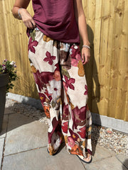 Wine Floral Brushwork Print Trousers