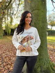 Winter White Chenille Leopard V Neck Sweatshirt Elle