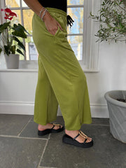 Olive Pull On Wide Leg Velour Trousers