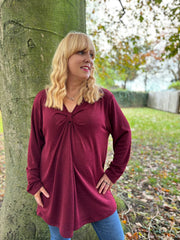 Wine Gathered V Neck Top Elsie