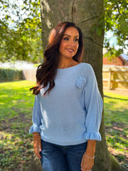 Light Blue Applique Ruffle Sleeve Knit Crystal
