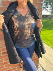 Navy Scenic Printed Top River