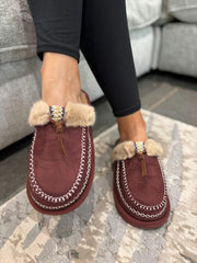 Wine Faux Fur Lined Mule Slippers