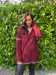 Wine Blanket Stitch V Neck Jumper Jenny