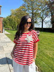 Red Crochet Floral Striped Top Gemma