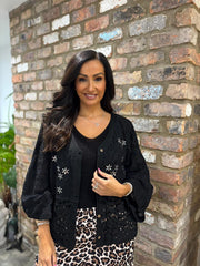 Black Floral Sequin Crochet Cardi Taylor