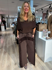 Chocolate Cropped Sequin Panel Wide Leg Trousers