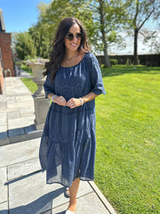 Navy Broderie Bardot Dress Orla