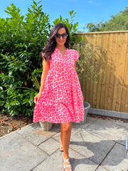 Pink Bubble Cotton Leopard Dress Crystal