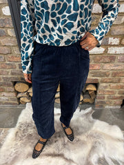 Navy Velour Barrel Leg Trousers Jaiya
