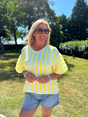 Neon Yellow Puff Sleeve Striped Top Erin