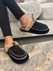 Black Faux Fur Lined Mule Slippers