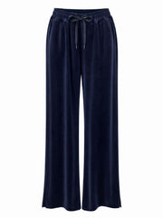 Navy Pull On Wide Leg Velour Trousers