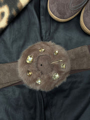 Chocolate Faux Fur Gem Buckle Belt