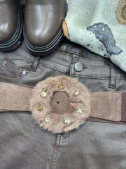 Stone Faux Fur Gem Buckle Belt