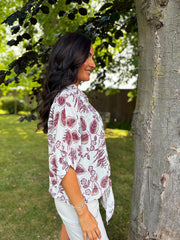 Wine Leaf Print Tie Front Blouse Brielle