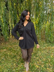 Black Gathered V Neck Top Elsie