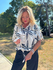 Stone Sketched Leaf Tie Front Blouse Brielle
