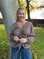 Chocolate Checked Drawstring Top Miranda