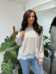 Grey Striped Lace Hem Top Adelaide