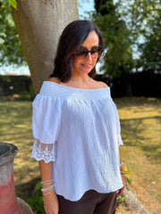 White Bubble Cotton Lace Trim Top Adele