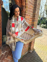 Mocha Colour Block Tartan Silk Blend Scarf