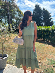 Green Bubble Cotton Fringed Tier Dress Amanda