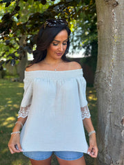 Stone Bubble Cotton Lace Trim Top Adele